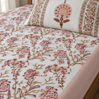 Pink Floral Vine Bedsheet Set, close-up of the print, border and pillow cover