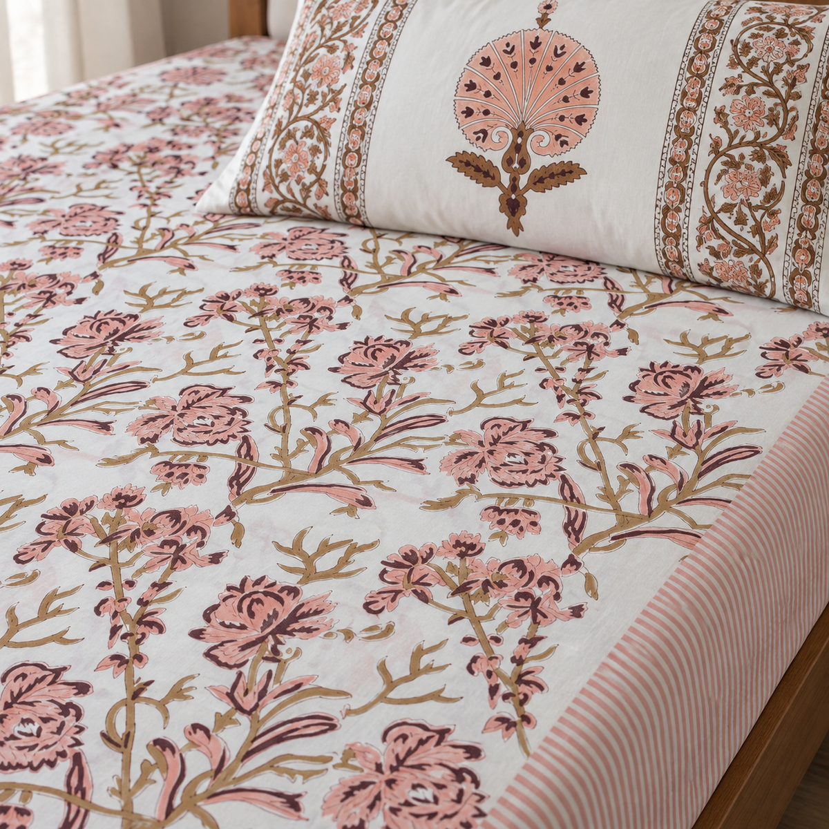 Pink Floral Vine Bedsheet Set, close-up of the print, border and pillow cover