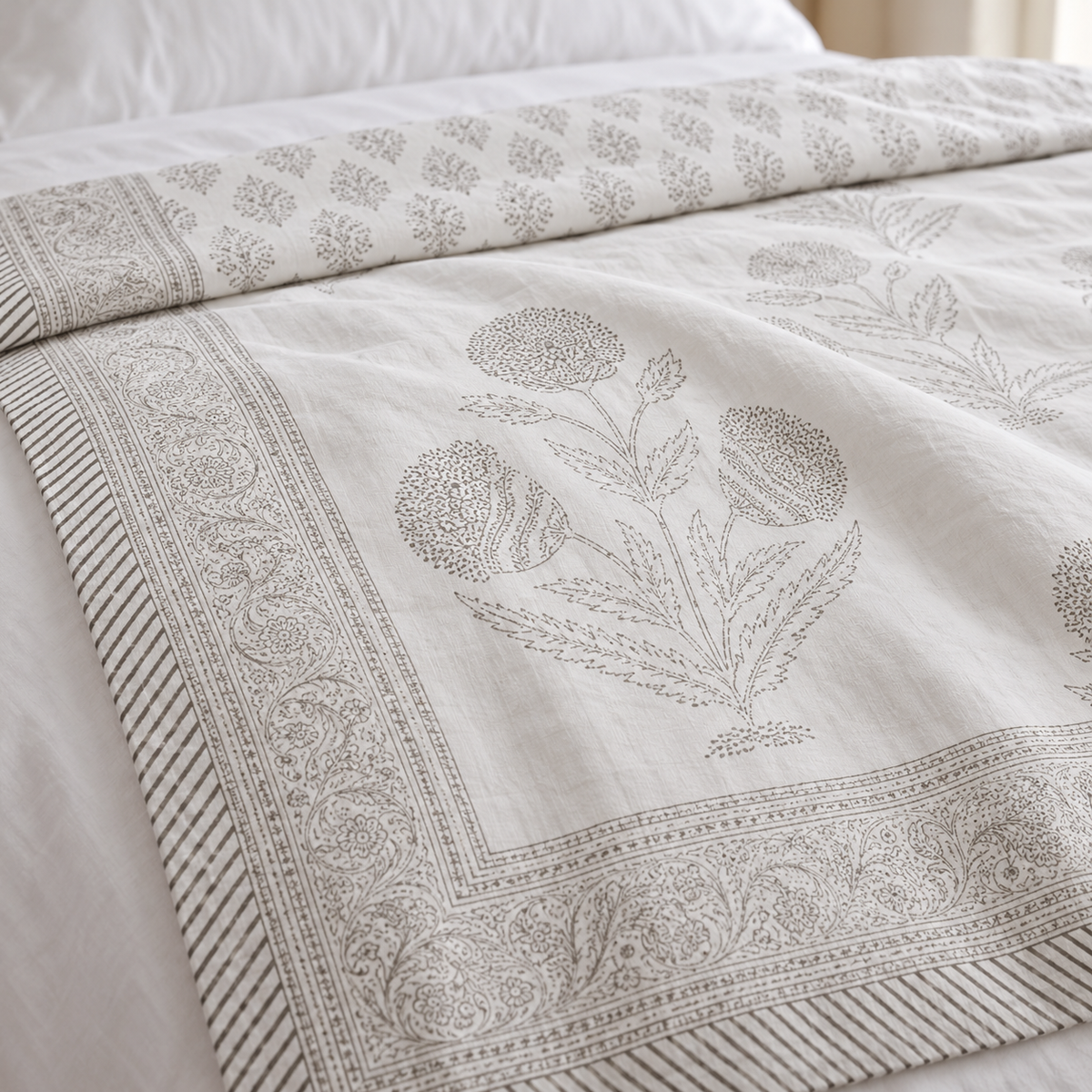 Grey Floral Buta Dohar, close-up of the print, border and reverse