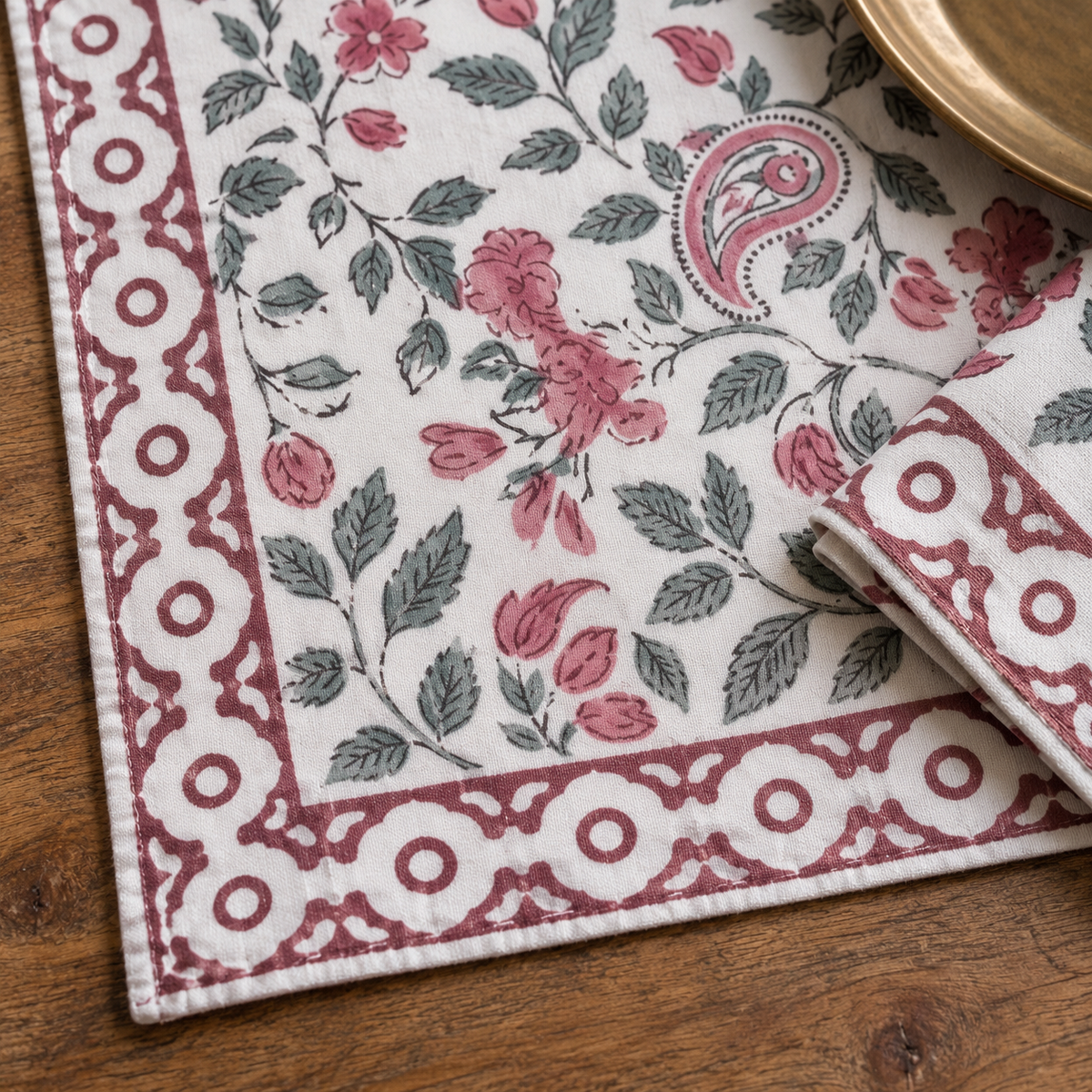Pink and Maroon Floral Placemat and Napkin Set of 12, close-up of the print and border