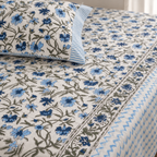 Blue Zigzag Floral Bedsheet Set, close-up of the print, border and pillow cover