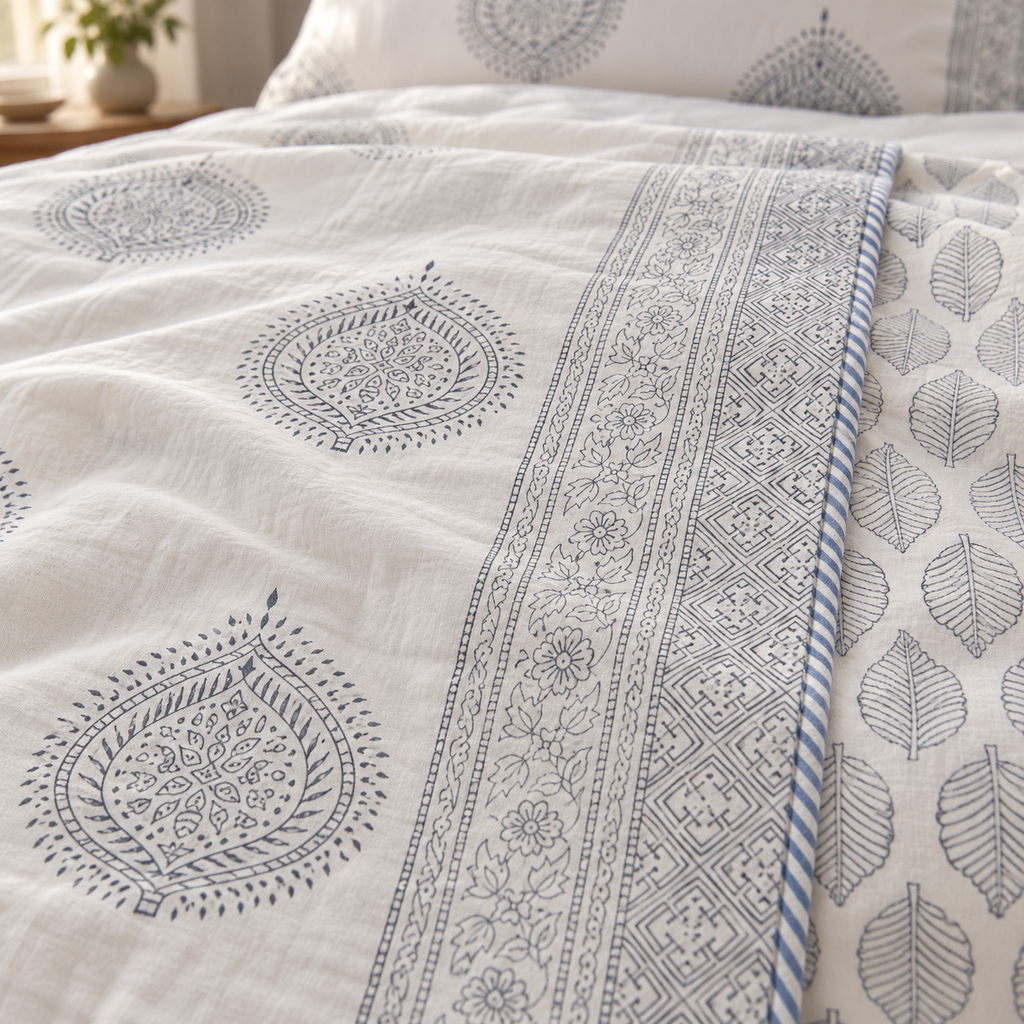 Grey Paisley Medallion Dohar, close-up of the print, border and reverse