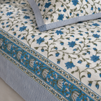 Blue Floral Vine Bedsheet Set, close-up of the print, border and pillow cover
