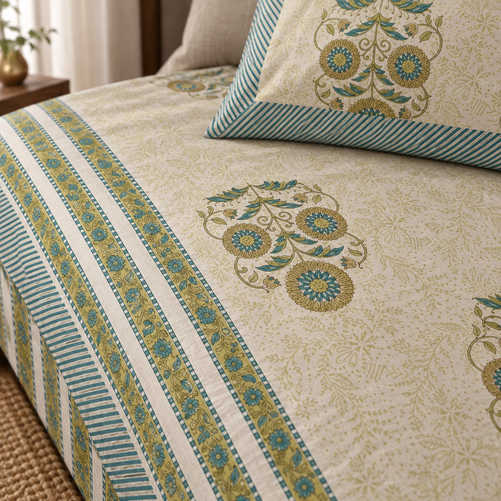 Teal Medallion Floral Bedsheet Set, close-up of the print, border and pillow cover