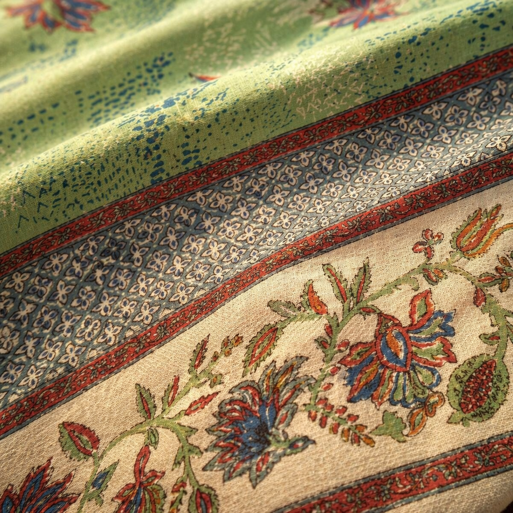 Firozi Bagh: Hand Block-Printed Cotton Bed Cover, 90 x 108 in, The Linen Room. Handmade in India by House of Taraasha.