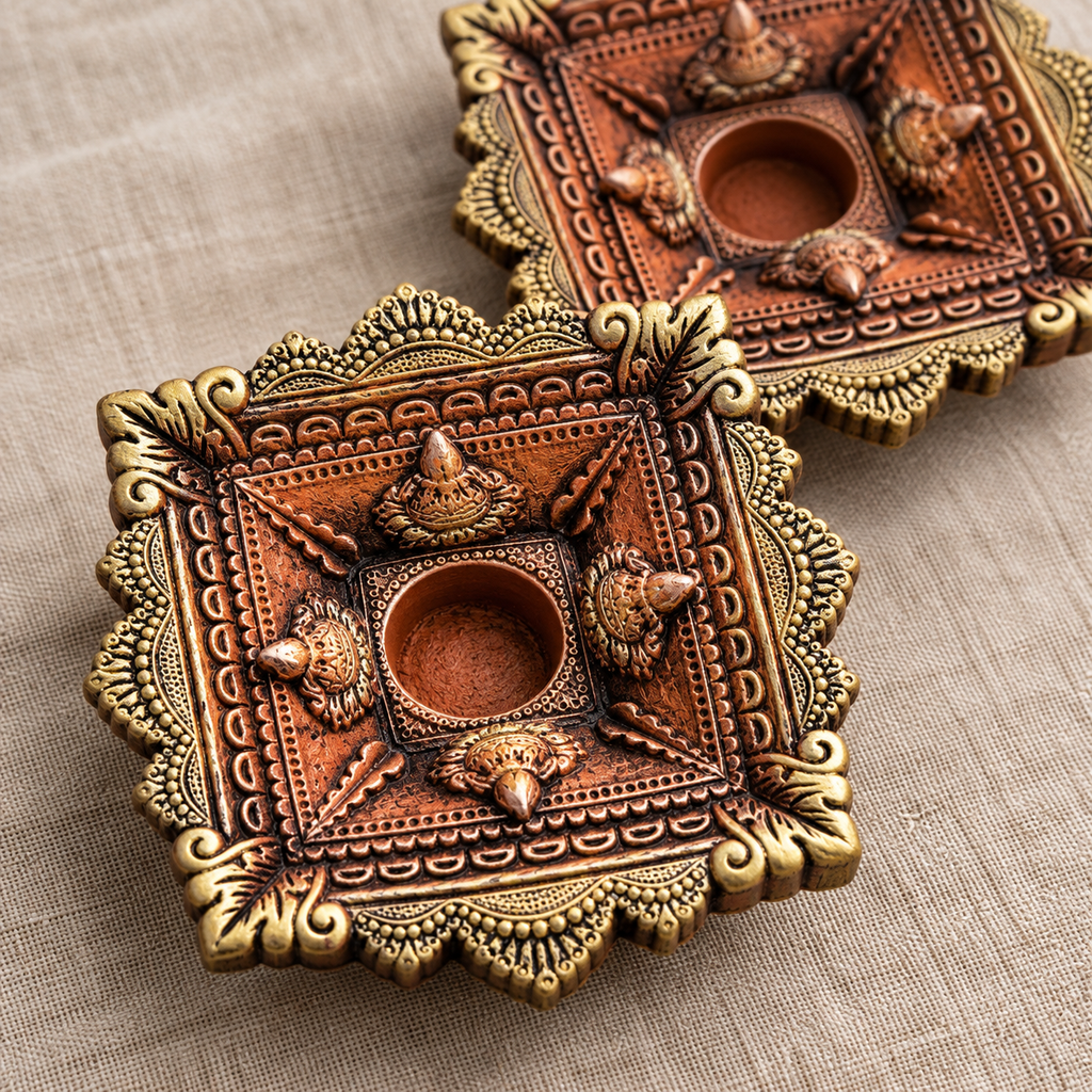 Chaumukh: Large Four-Wick Terracotta Diya, Set of 2 or Single