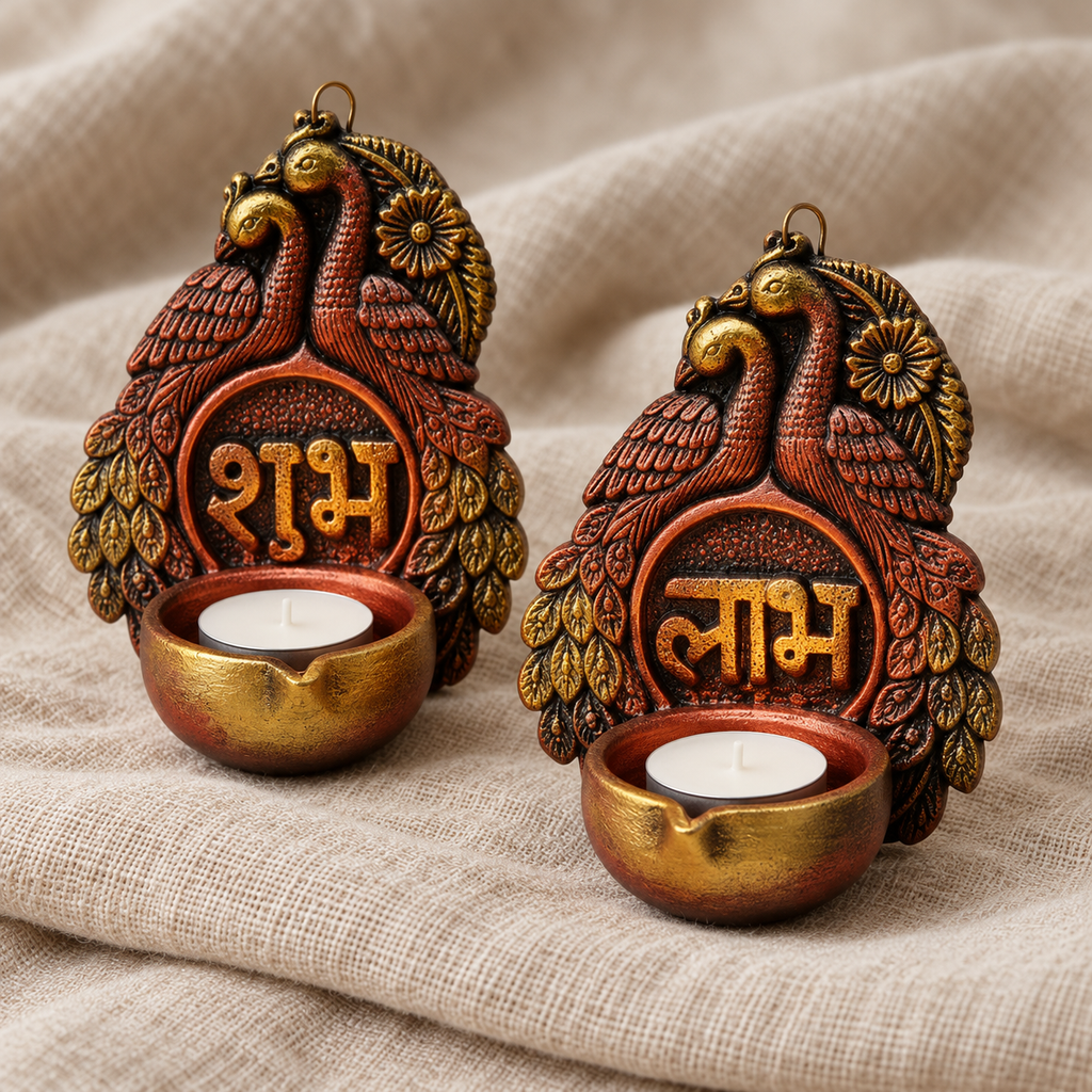 Shubh Labh Mor: Peacock Shubh Labh Terracotta Diya Holders, Set of 2