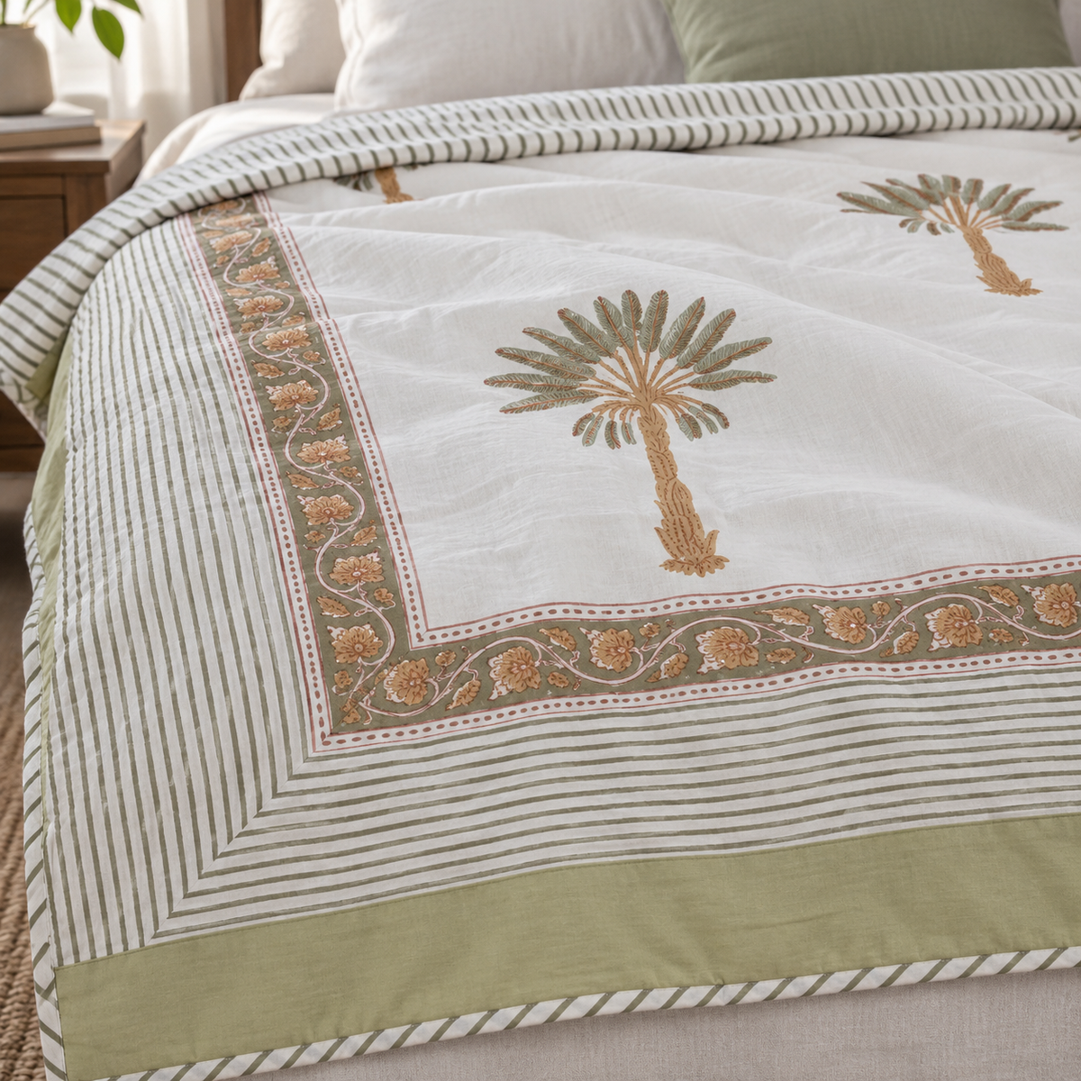 Palm Tree Dohar, close-up of the print, border and reverse