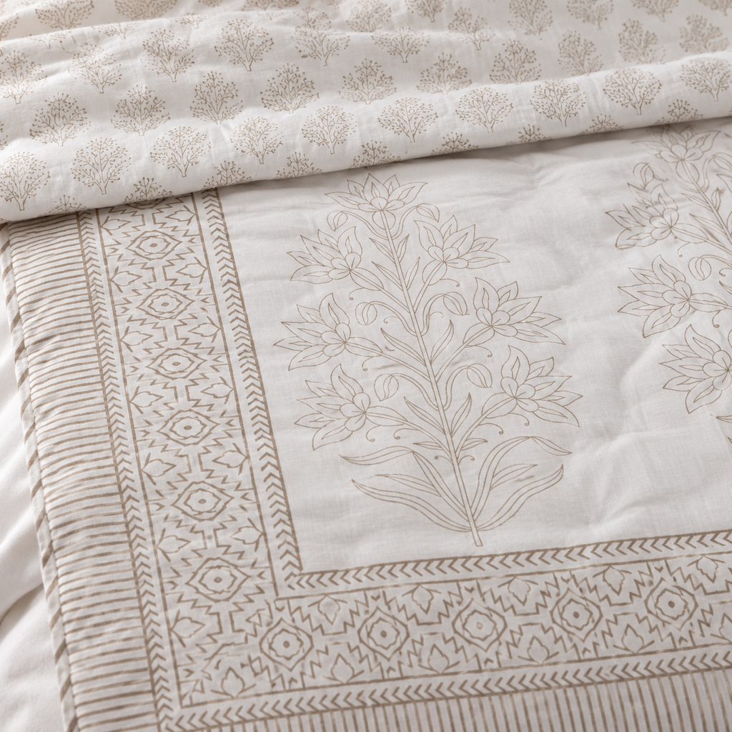 Beige Tree Motif Dohar, close-up of the print, border and reverse