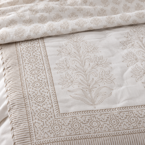 Beige Tree Motif Dohar, close-up of the print, border and reverse