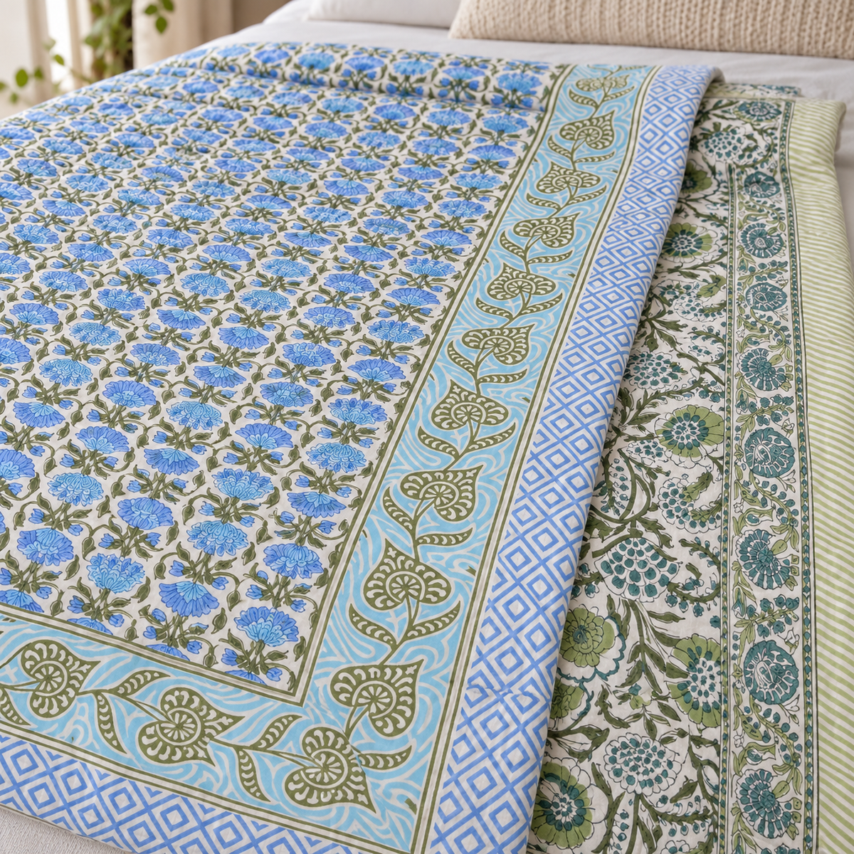 Blue Floral Dohar, close-up of the print, border and reverse