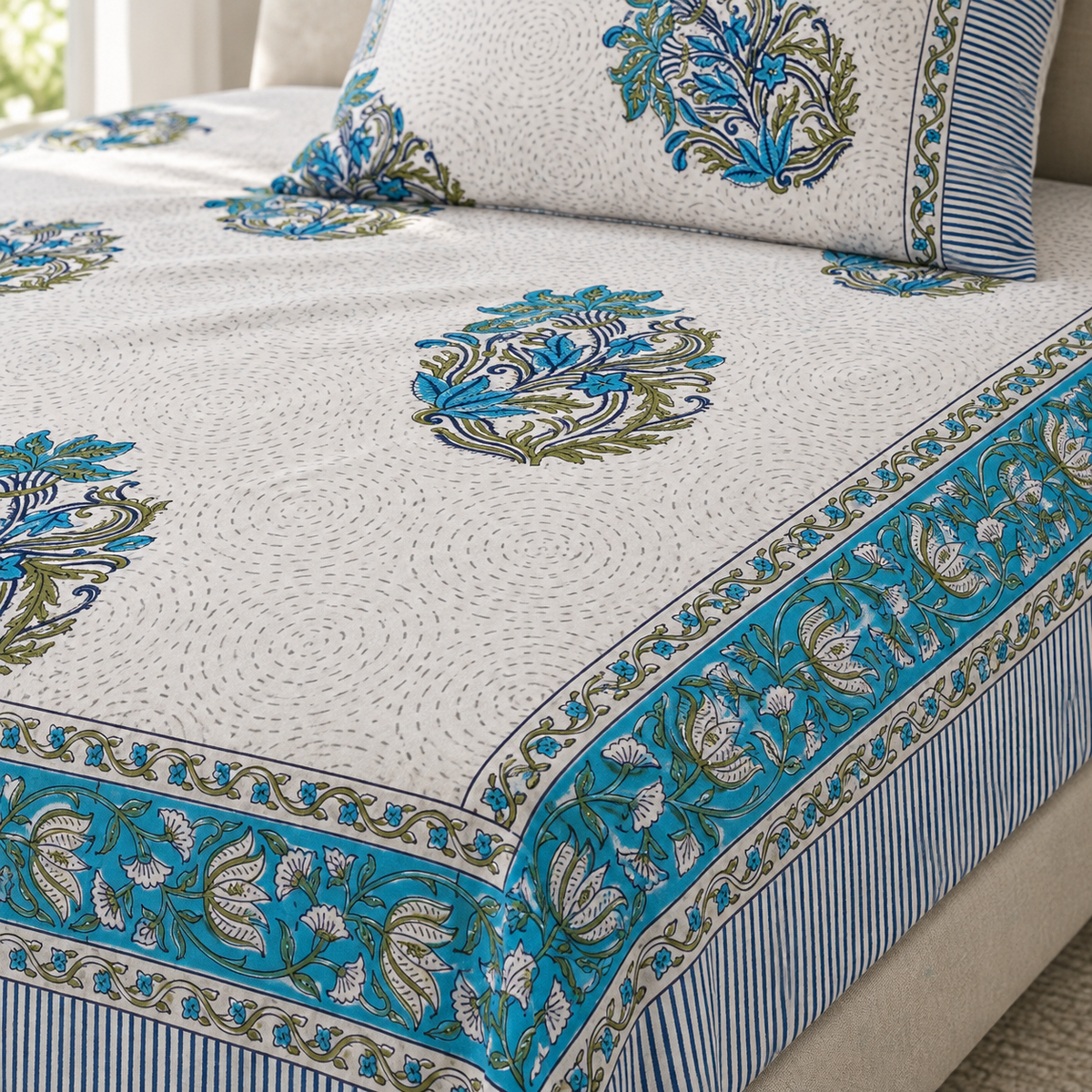 Teal Blue Floral Bedsheet Set, close-up of the print, border and pillow cover
