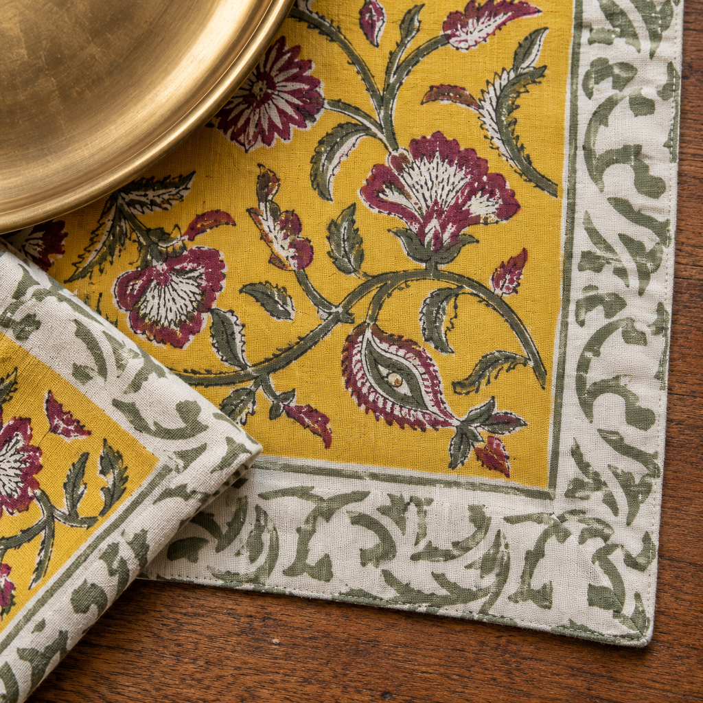 Turmeric Yellow Floral Placemat and Napkin Set of 12, close-up of the print and border