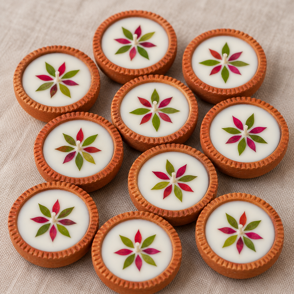 Mini Pressed-Flower Terracotta Diyas, 10 in 5 Gift Boxes, close-up of the pressed flowers