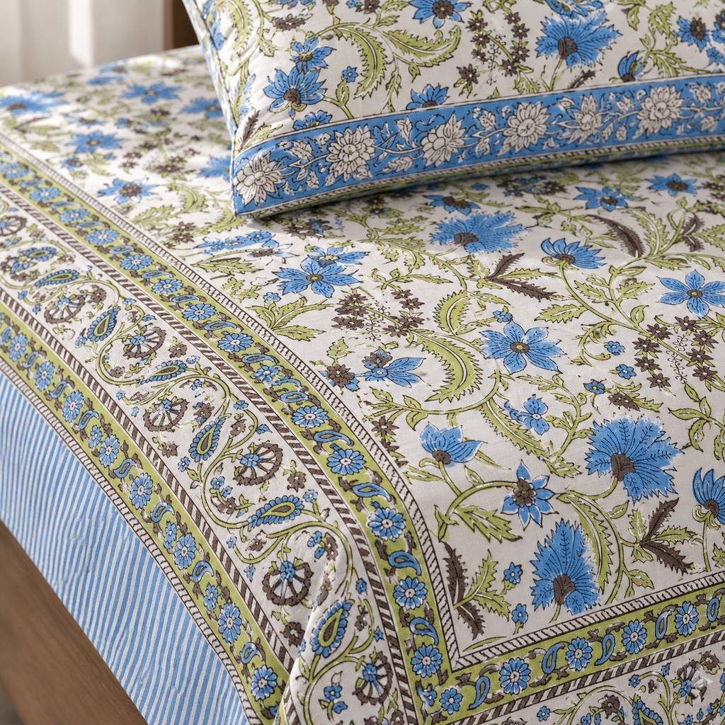 Green and Blue Floral Bedsheet Set, close-up of the print, border and pillow cover