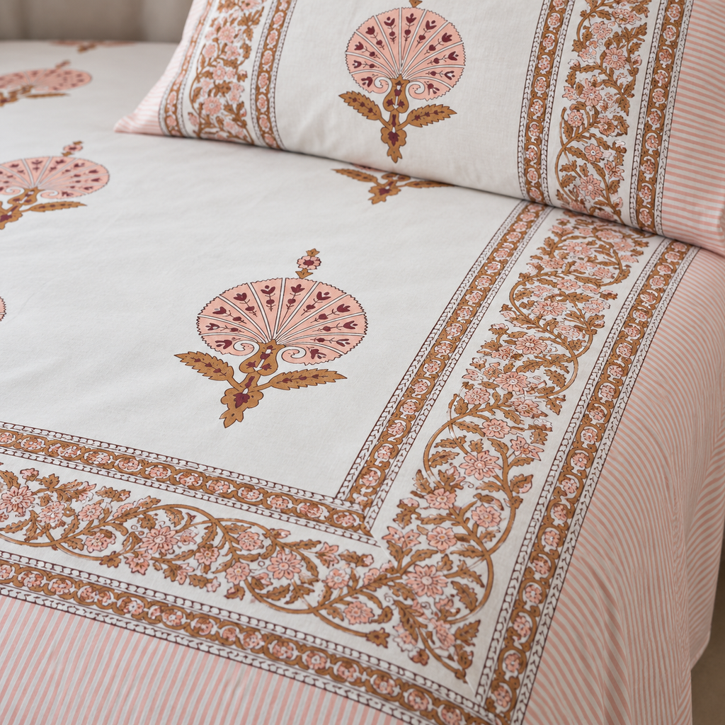 Pink Peacock Motif Bedsheet Set, close-up of the print, border and pillow cover