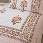 Pink Peacock Motif Bedsheet Set, close-up of the print, border and pillow cover