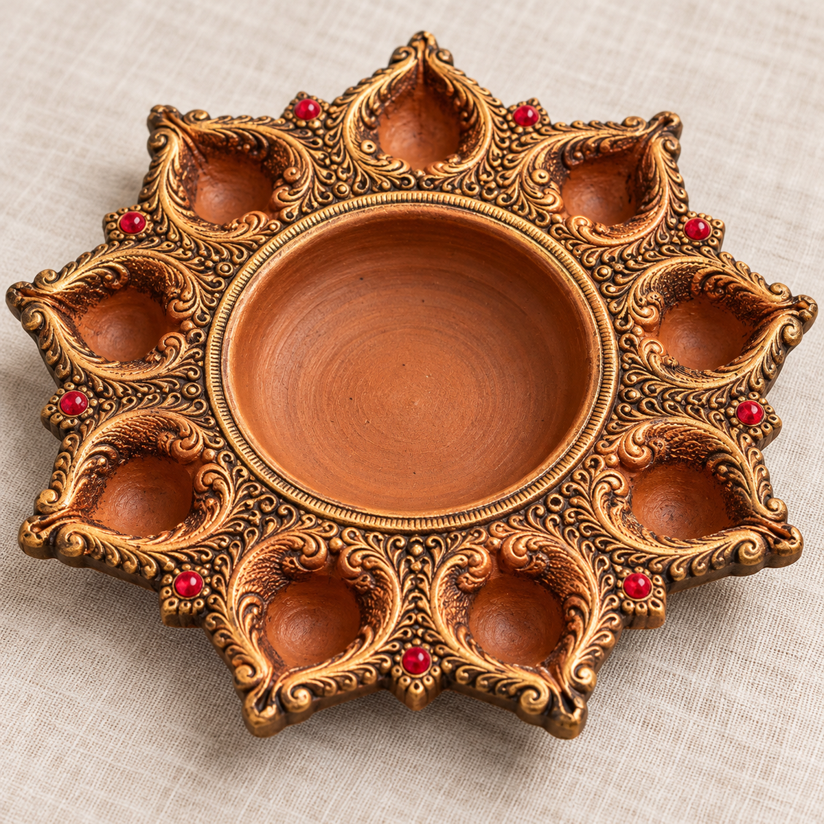 Arati: 9-Diya Terracotta Plate, 9 in