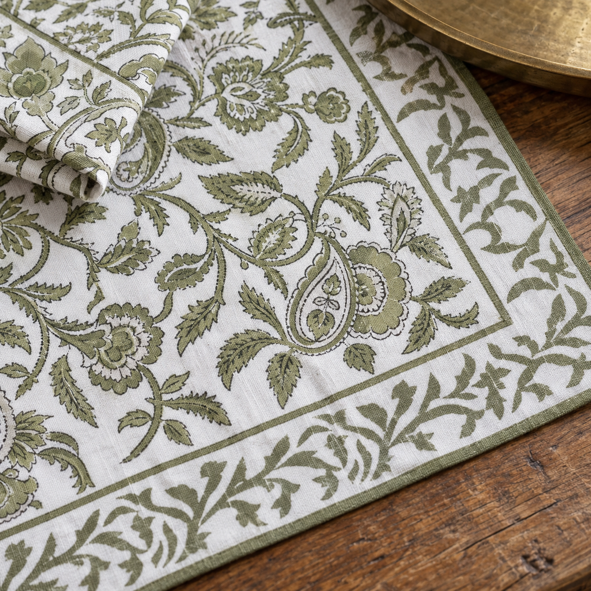 Olive Floral Placemat and Napkin Set of 12, close-up of the print and border
