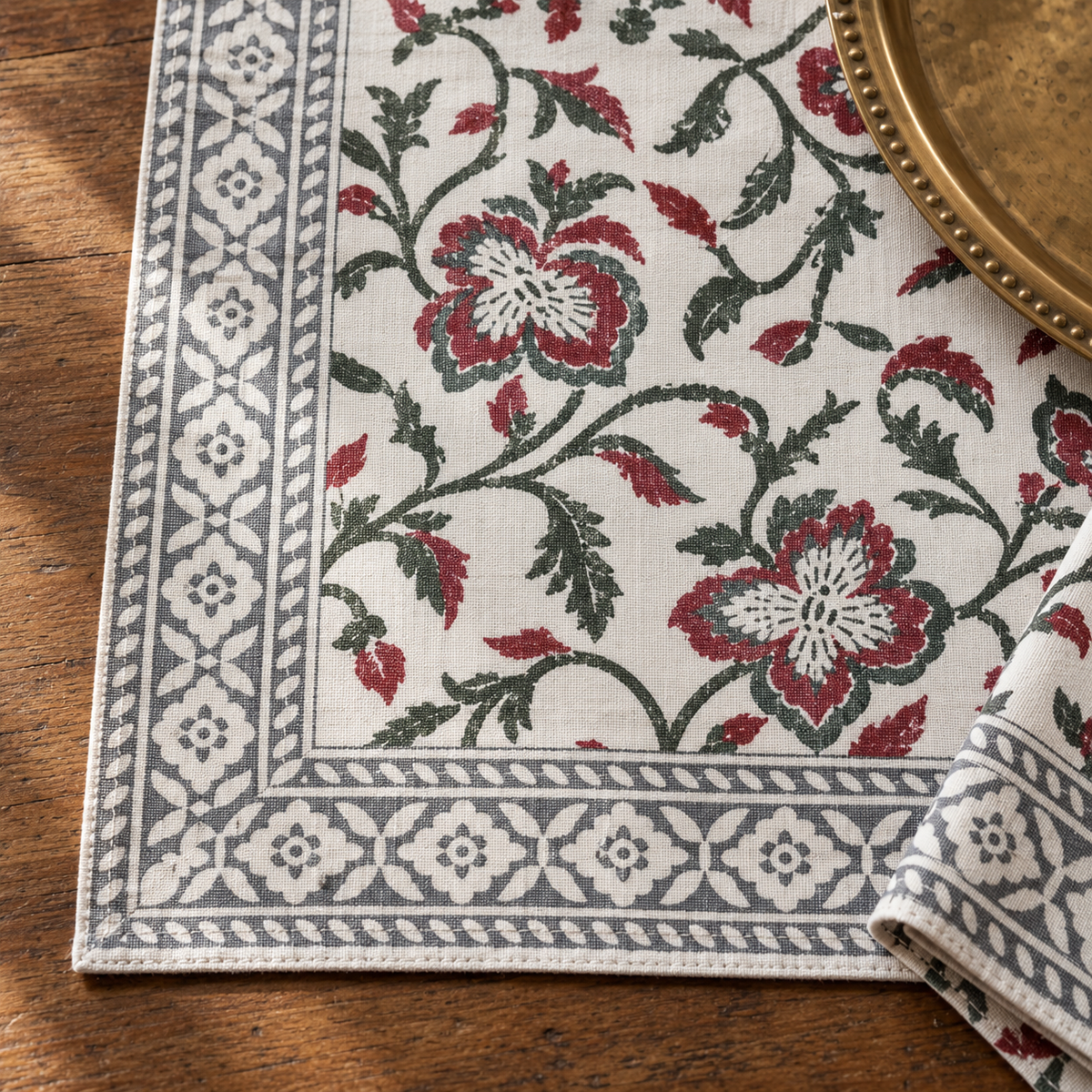Maroon and Grey Floral Placemat and Napkin Set of 12, close-up of the print and border