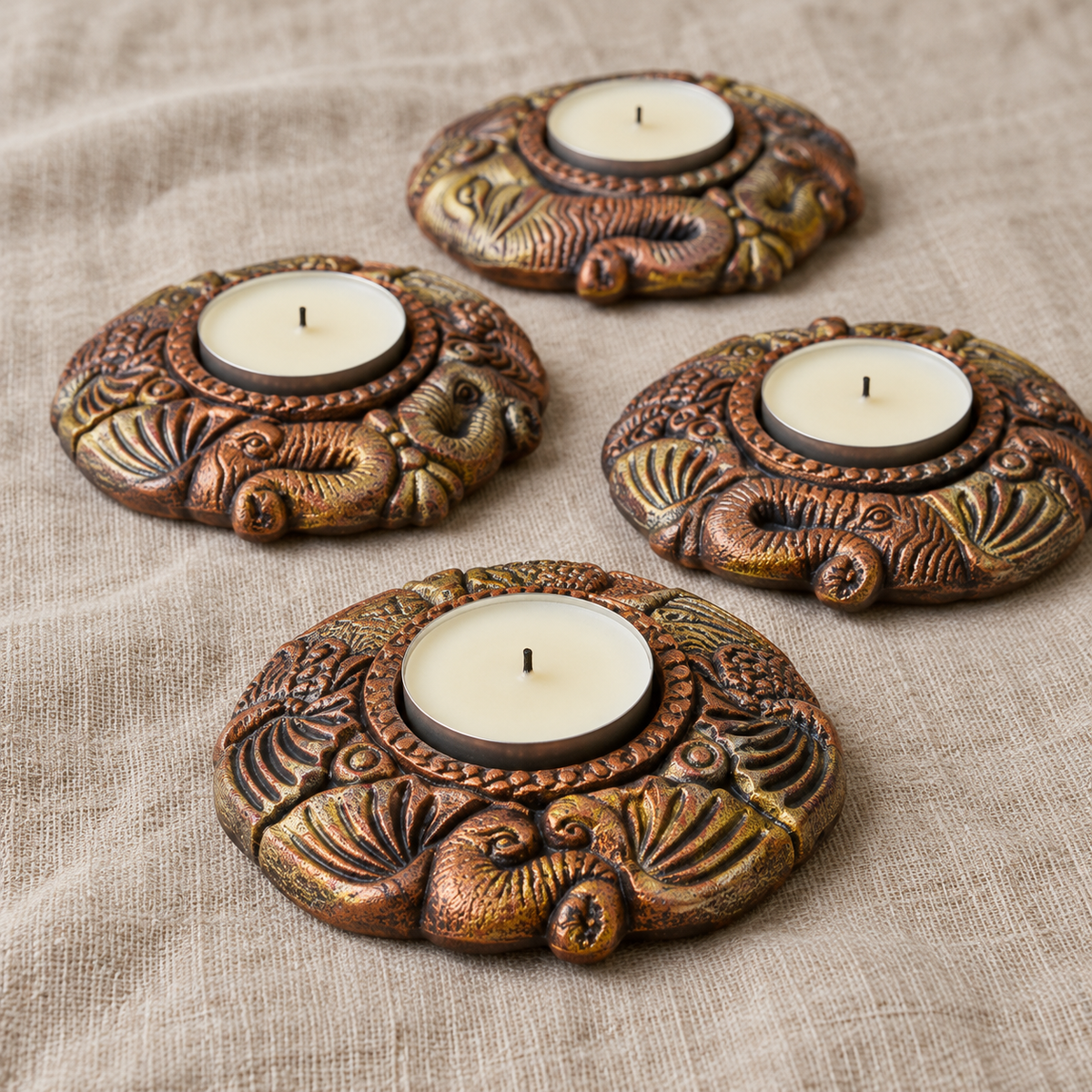 Airavat: Elephant Face Terracotta Tea Light Holders, Set of 4 or 2