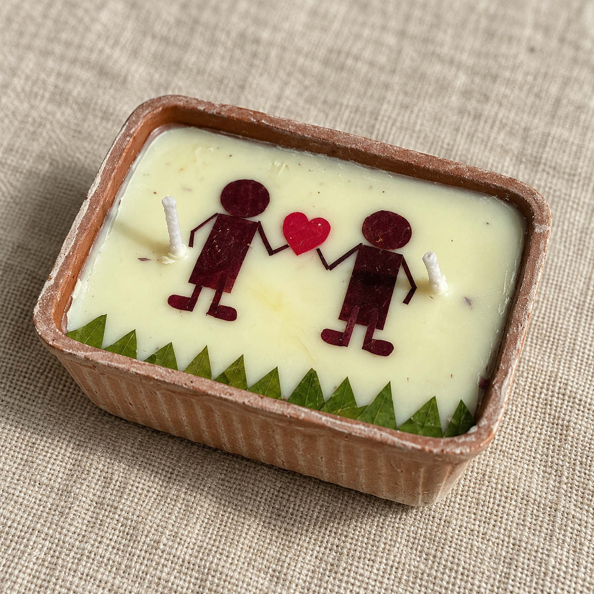 Love Candle, Two Grooms, Dried Rose in Terracotta, close-up of the wax top