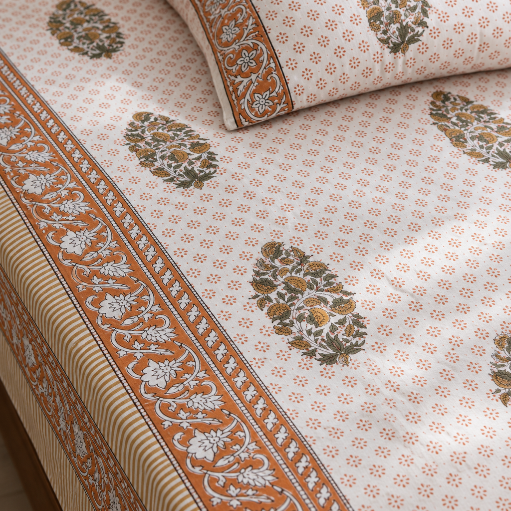 Rust Floral Buta Bedsheet Set, close-up of the print, border and pillow cover
