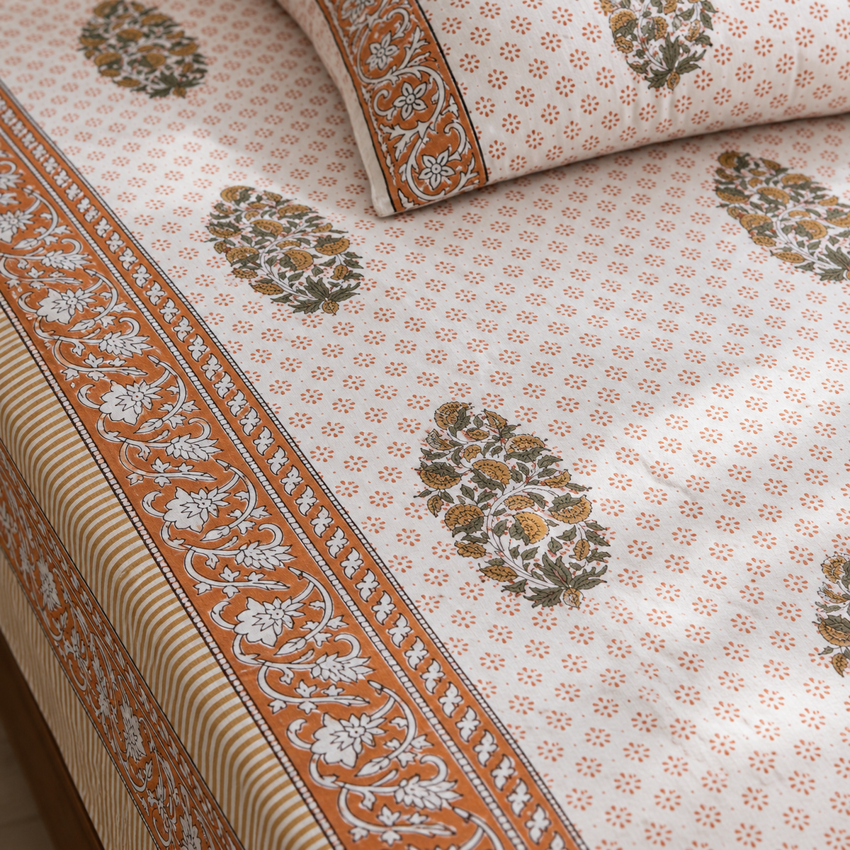 Rust Floral Buta Bedsheet Set, close-up of the print, border and pillow cover