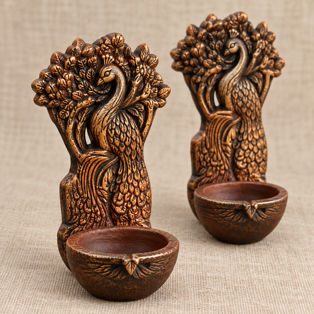 Kalpavriksh: Tree Peacock Terracotta Diya Stands, Set