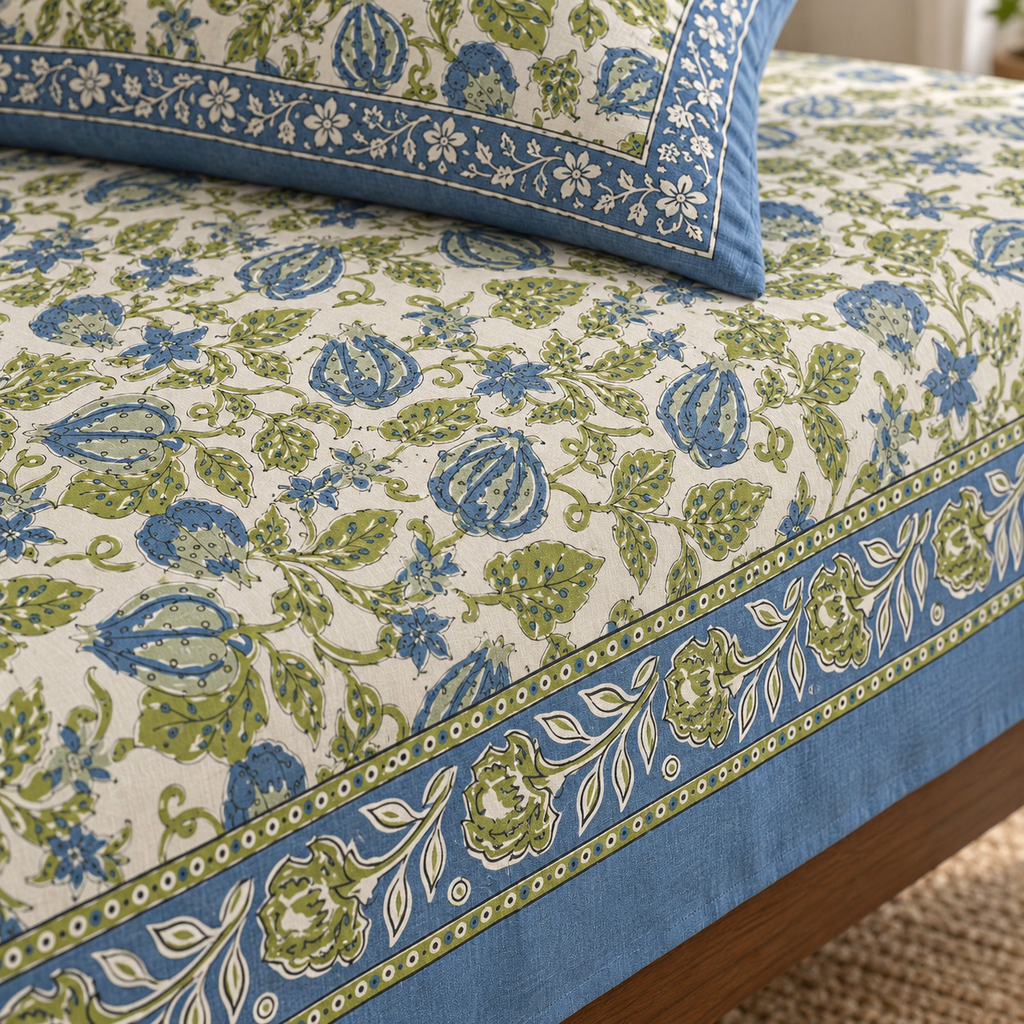 Blue and Green Floral Bedsheet Set, close-up of the print, border and pillow cover