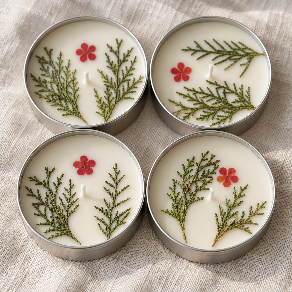 Lemongrass Soy Wax Tin Candles with Dried Flowers, Set of 4, close-up of the wax top