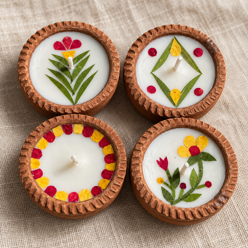Small Soy Wax Diyas with Flower Petals, Set of 4, close-up of the wax top