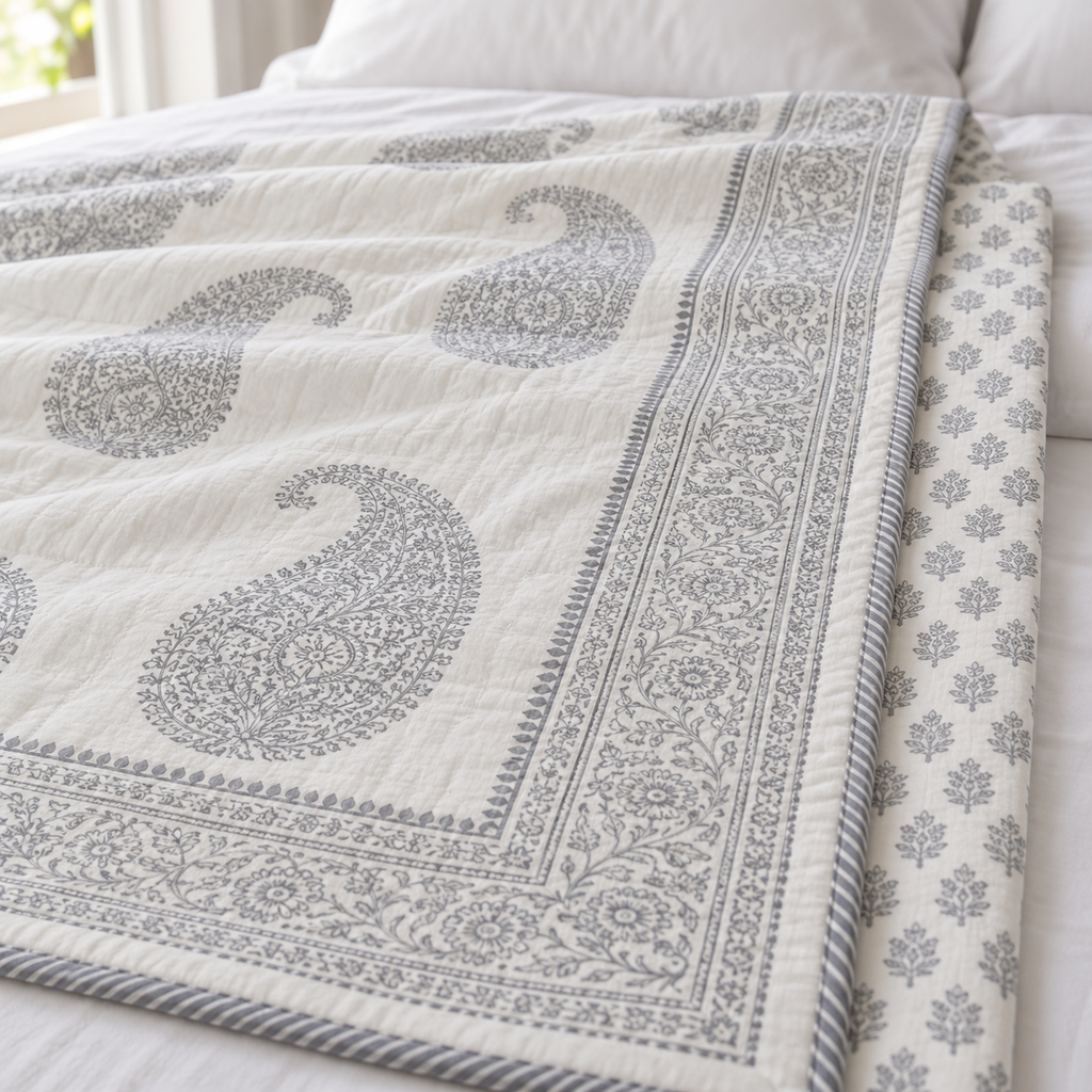 Grey Paisley Dohar, close-up of the print, border and reverse