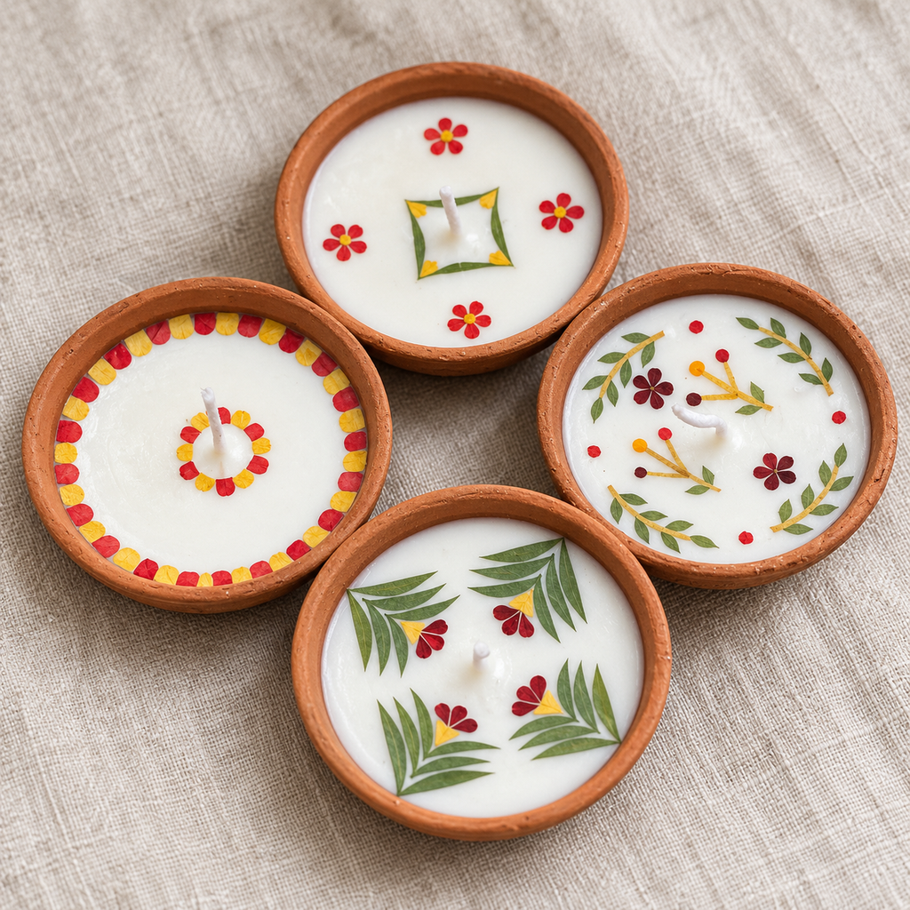 Medium Soy Wax Diyas with Flower Petals, Set of 4, close-up of the wax top
