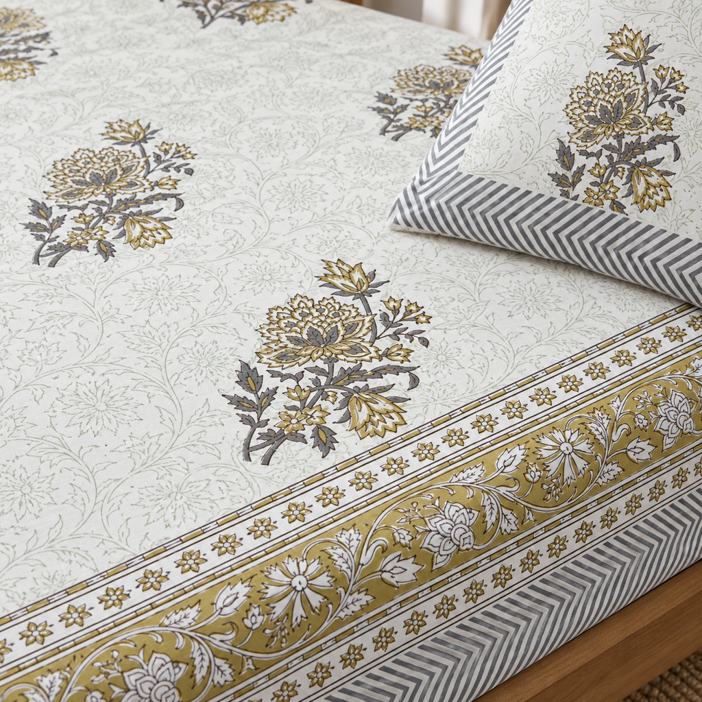 Grey Gold Floral Bedsheet Set, close-up of the print, border and pillow cover