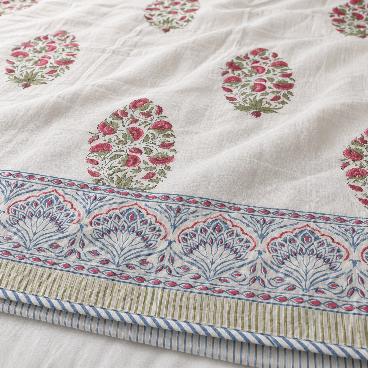 Red Floral Buta Dohar, close-up of the print, border and reverse