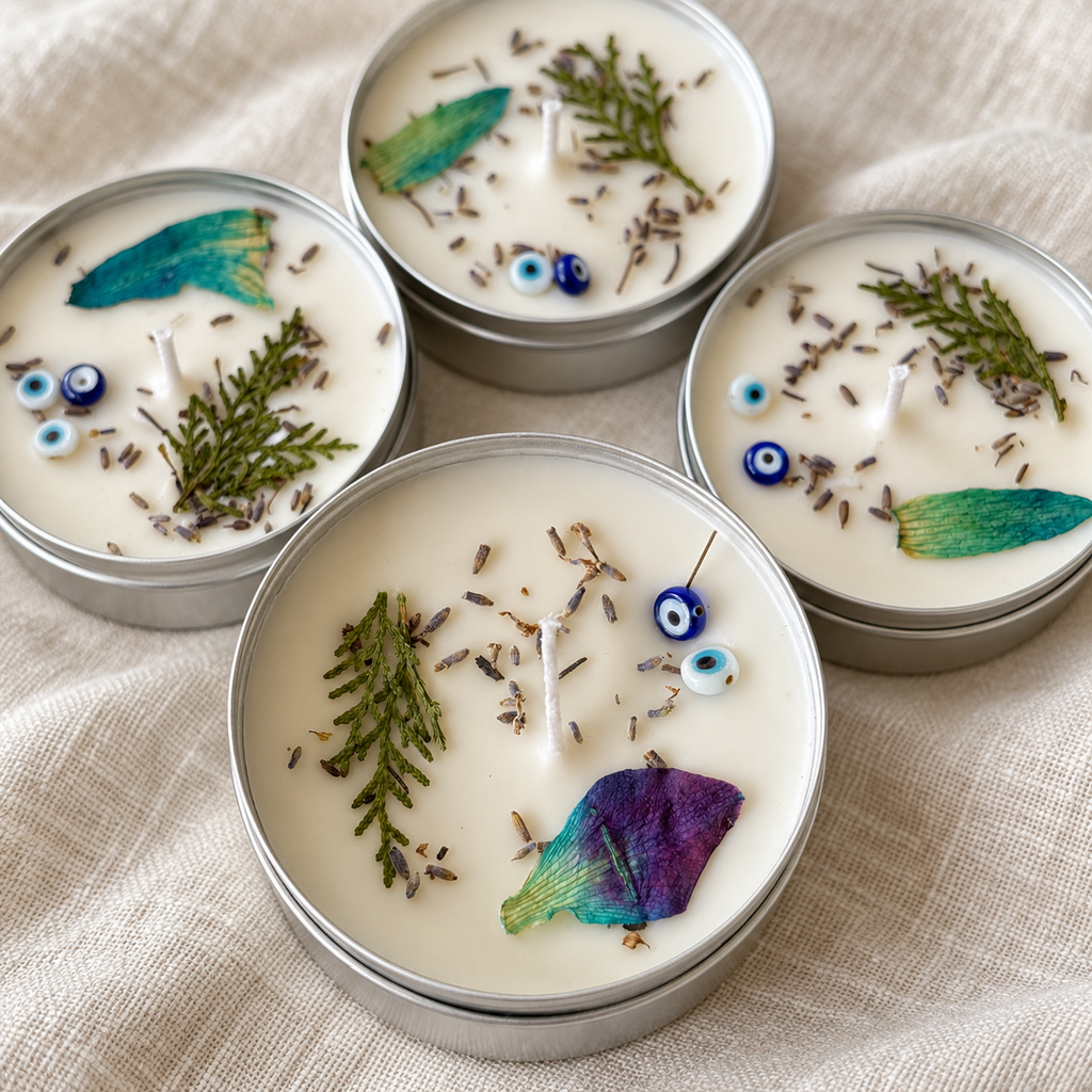 Evil-Eye Lavender Soy Wax Tin Candles, Set of 4, close-up of the wax top