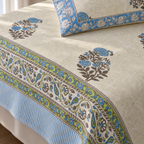Blue Floral Buta Bedsheet Set, close-up of the print, border and pillow cover