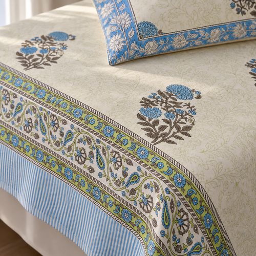 Blue Floral Buta Bedsheet Set, close-up of the print, border and pillow cover