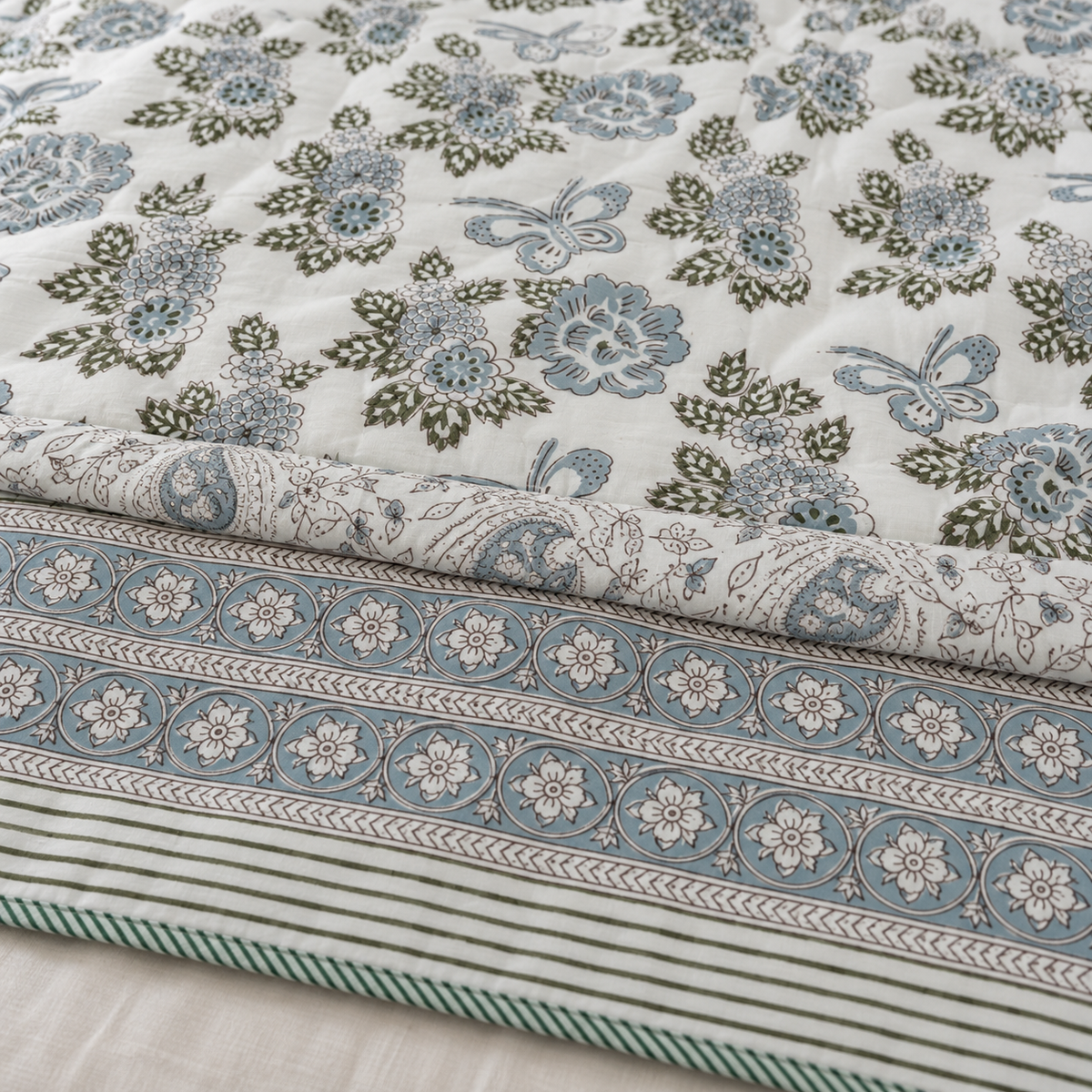 Grey Blue Floral Butterfly Dohar, close-up of the print, border and reverse