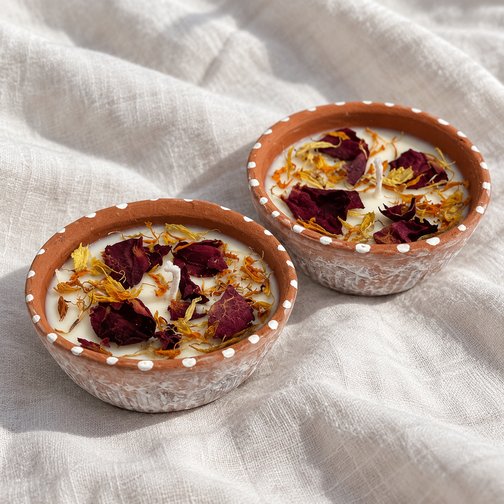 Rose and Marigold Soy Wax Candles in Terracotta, Set of 2, close-up of the wax top