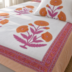 Orange Poppy Bedsheet Set, close-up of the print, border and pillow cover