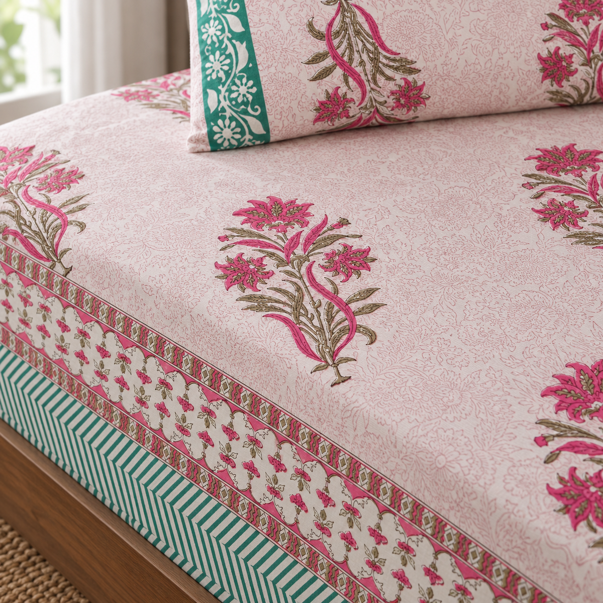 Pink Floral Buta Bedsheet Set, close-up of the print, border and pillow cover