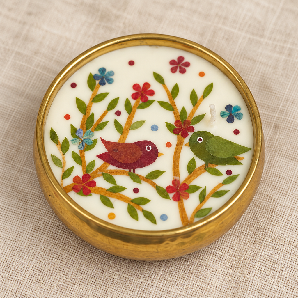 Bird Motif Soy Wax Candle in a Brass Urli, 4 in, close-up of the wax top