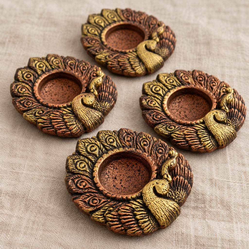 Nachta Mor: Dancing Peacock Terracotta Tea Lights, Set of 4 or 2