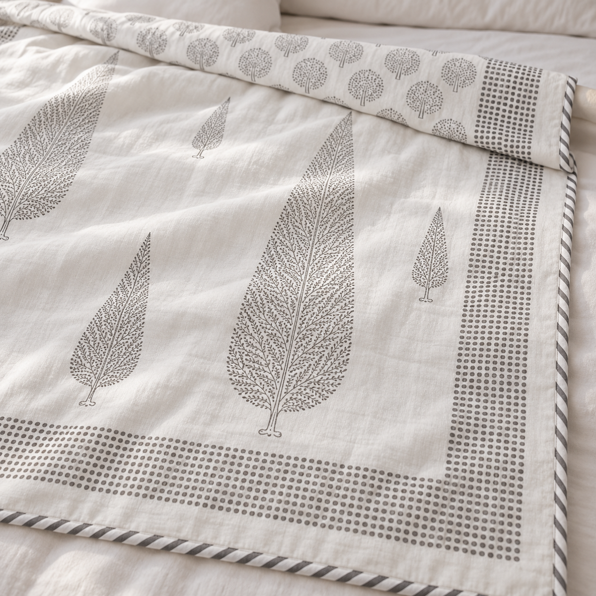 Grey Cypress Dohar, close-up of the print, border and reverse