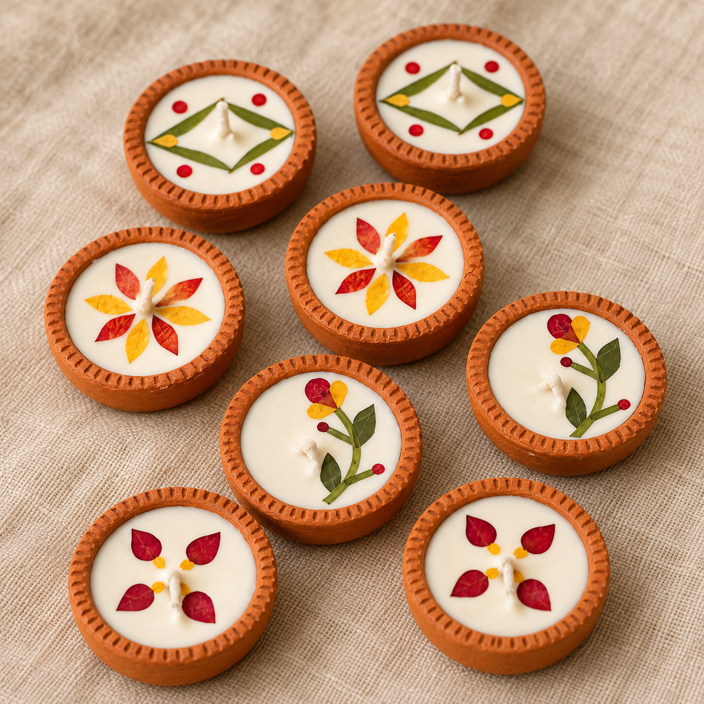 Dried-Flower Soy Wax Terracotta Diyas, Set of 16, close-up of the pressed flowers