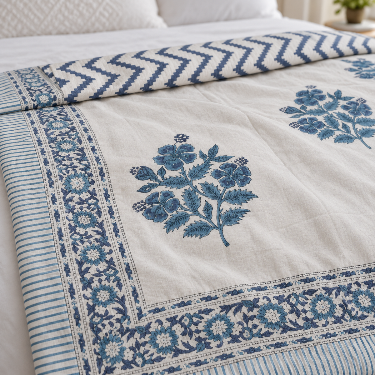 Blue Floral Buta Dohar, close-up of the print, border and reverse