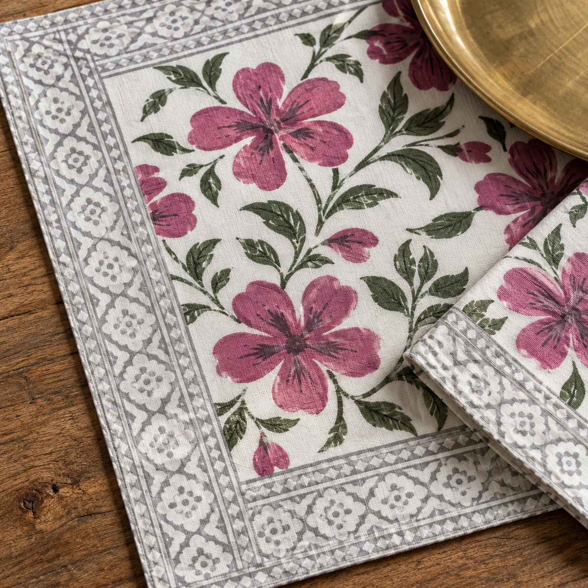 Magenta Floral Placemat and Napkin Set of 12, close-up of the print and border