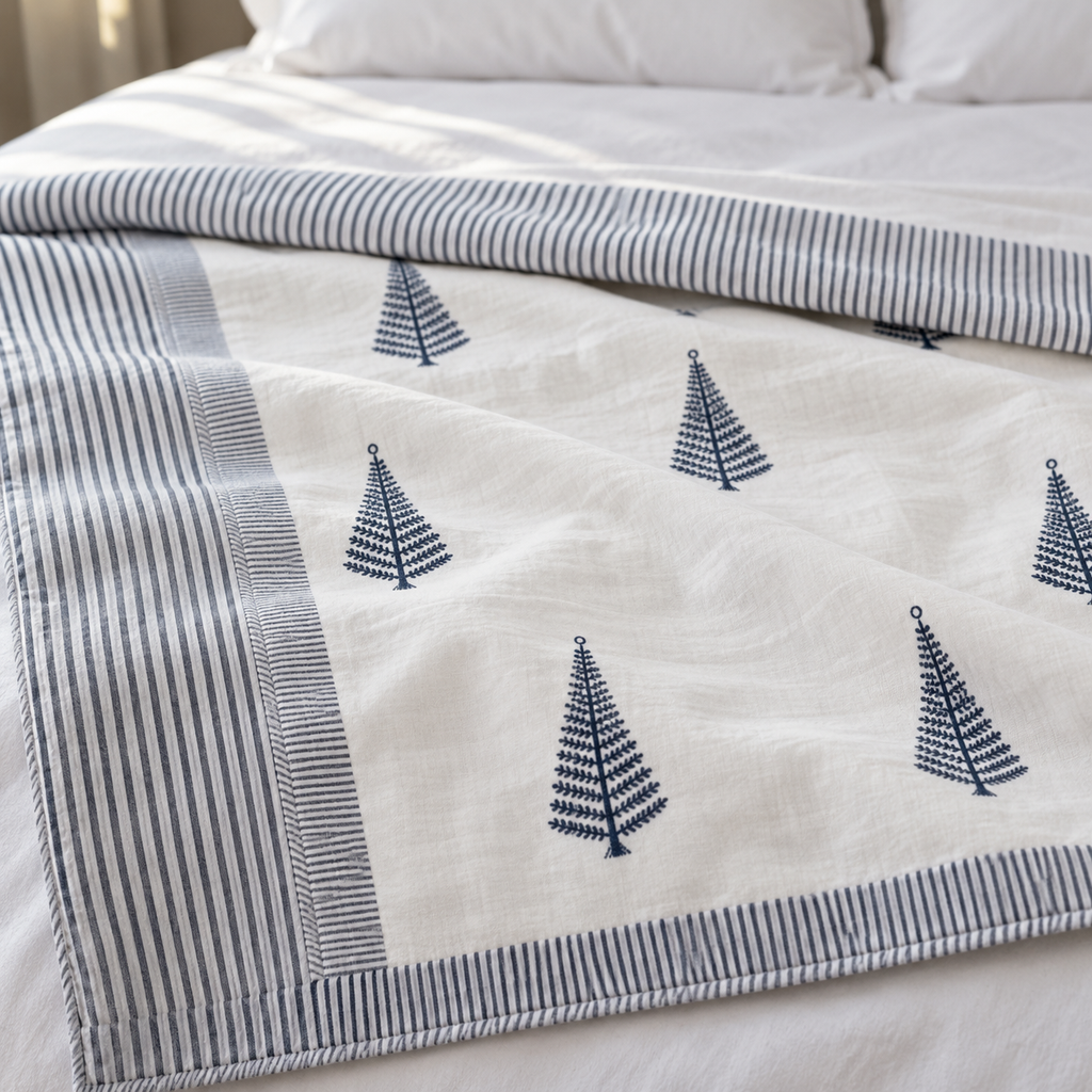 Navy Tree Motif Dohar, close-up of the print, border and reverse